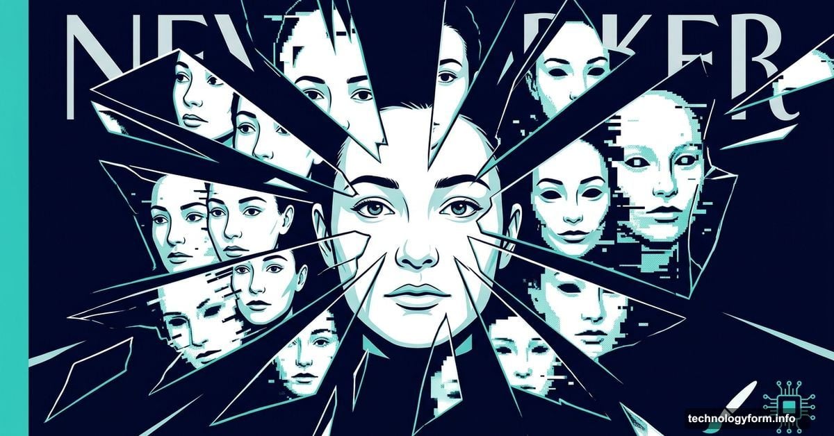 Human face fracturing into uncanny AI-generated duplicate faces