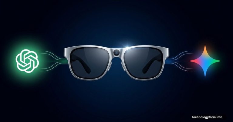 Smart glasses flanked by ChatGPT and Gemini AI logos representing user choice