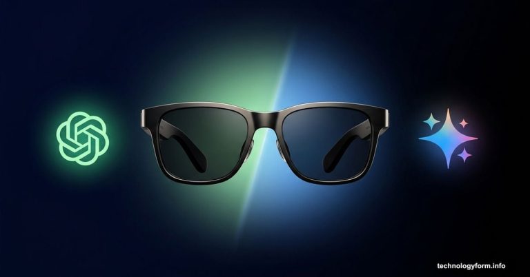 Smart glasses splitting light toward ChatGPT and Gemini AI logos