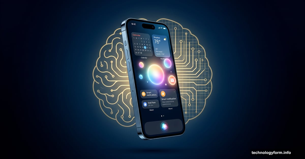 iPhone home screen transformed by glowing AI ambient intelligence interface