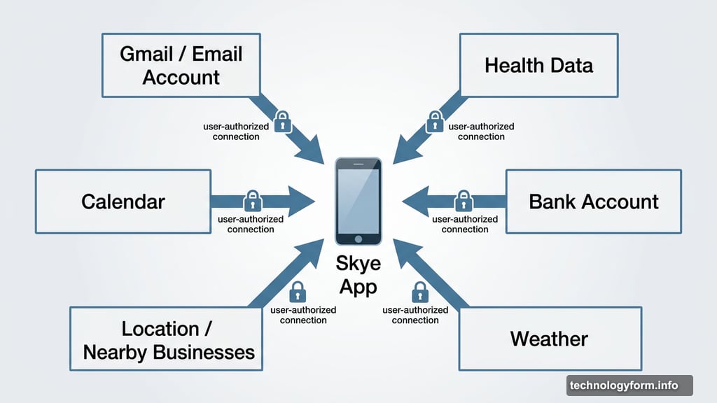 Skye pulls data from user-authorized accounts including email, health, calendar