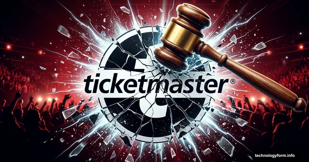 Judge's gavel shattering Ticketmaster logo in dramatic courtroom scene