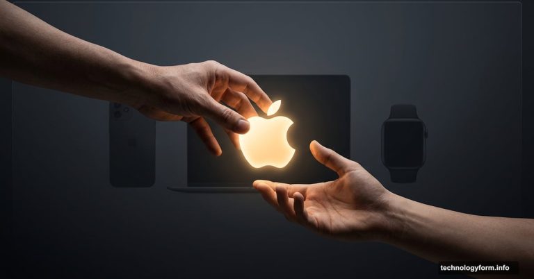Glowing Apple logo passed between two hands, symbolizing CEO transition