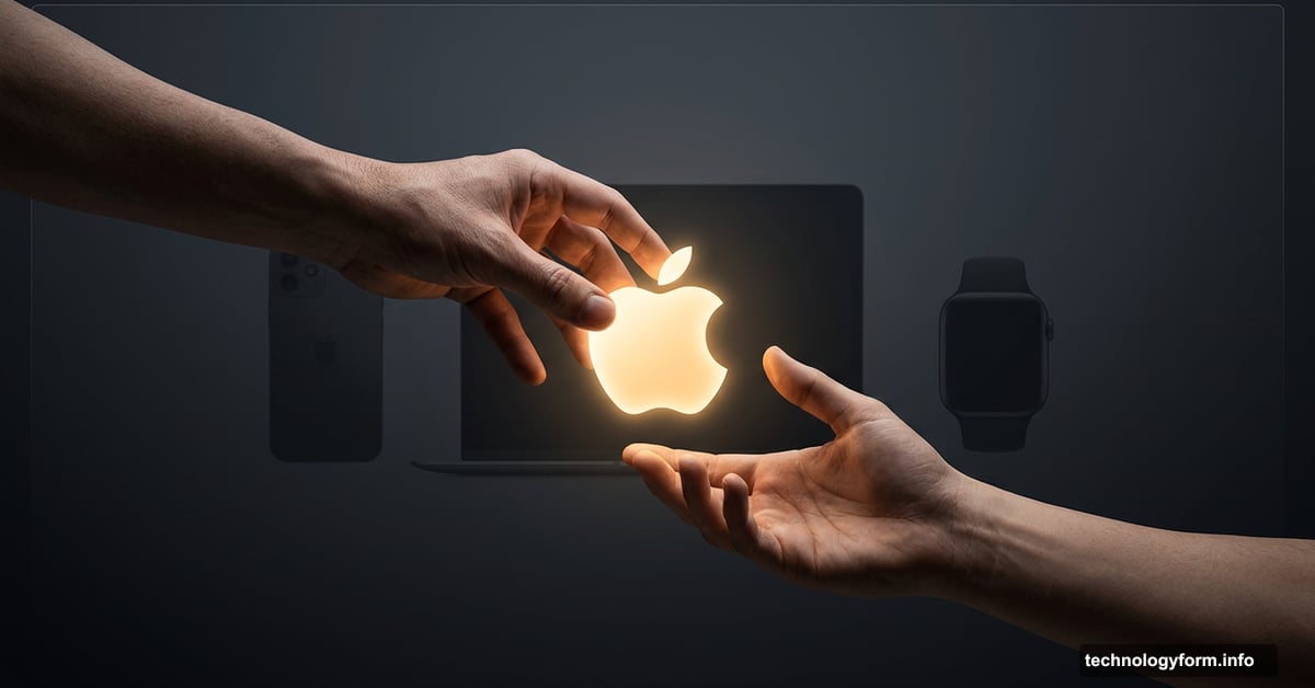 Glowing Apple logo passed between two hands, symbolizing CEO transition