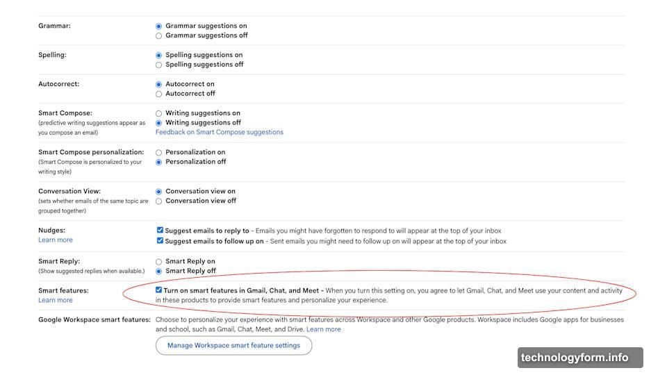 Manage Workspace smart feature settings toggles disable Gemini across apps