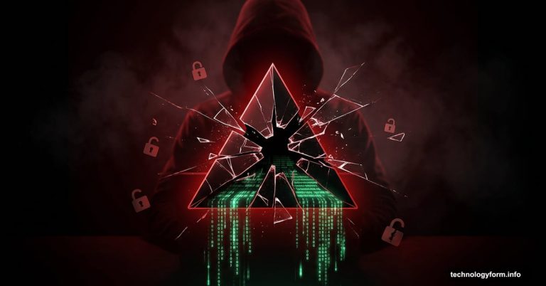 Vercel logo cracking apart with stolen data spilling out, hacker silhouette
