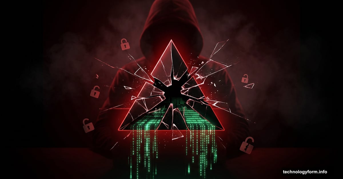 Vercel logo cracking apart with stolen data spilling out, hacker silhouette