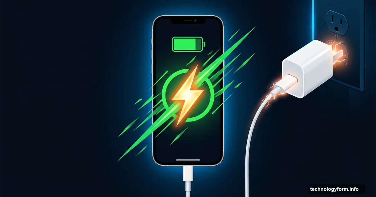 iPhone charging fast with glowing USB-C charger and battery icon